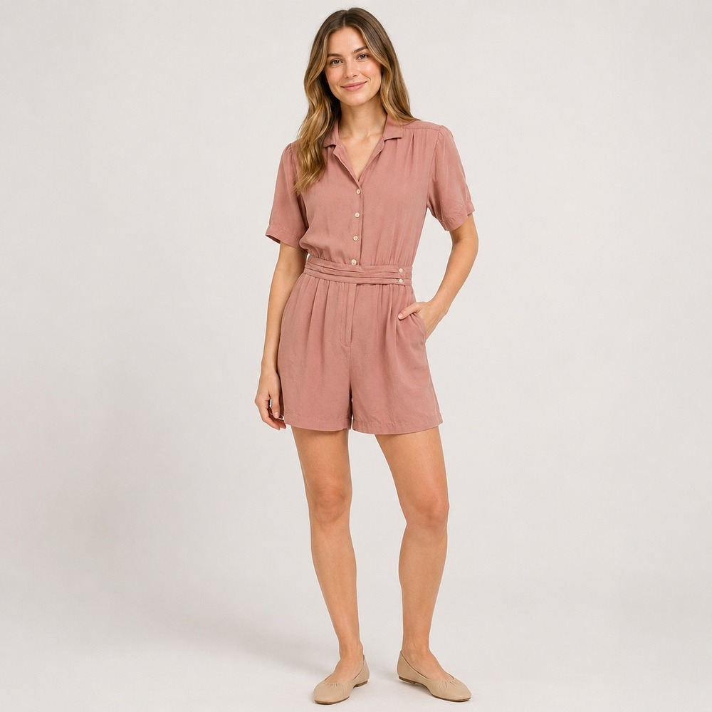 Vintage Albert Hei Coquette Romper Womens 8 Pink 100% Washable Silk Belt Pockets